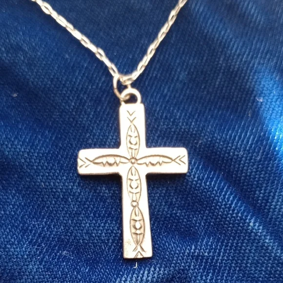 Sterling Silver Stamped Cross Pendant Necklace Signed - Picture 2 of 10